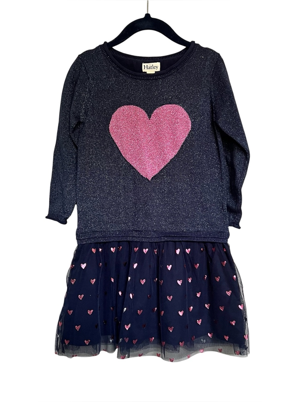 Hatley boutique Navy Glitter Heart Tulle Dress with Pink Hearts NWT Size 5